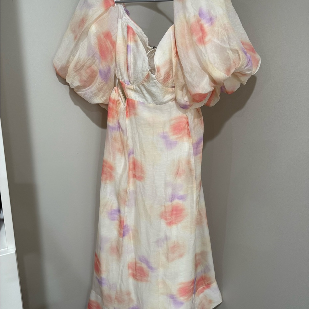 Bardot Asymmetrical Dress in Cream, Pink, and Purple